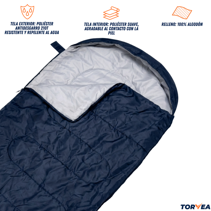 Saco De Dormir Con Gorro Camping Térmico 950g Trekking Viaje Azul Oscuro Lateral