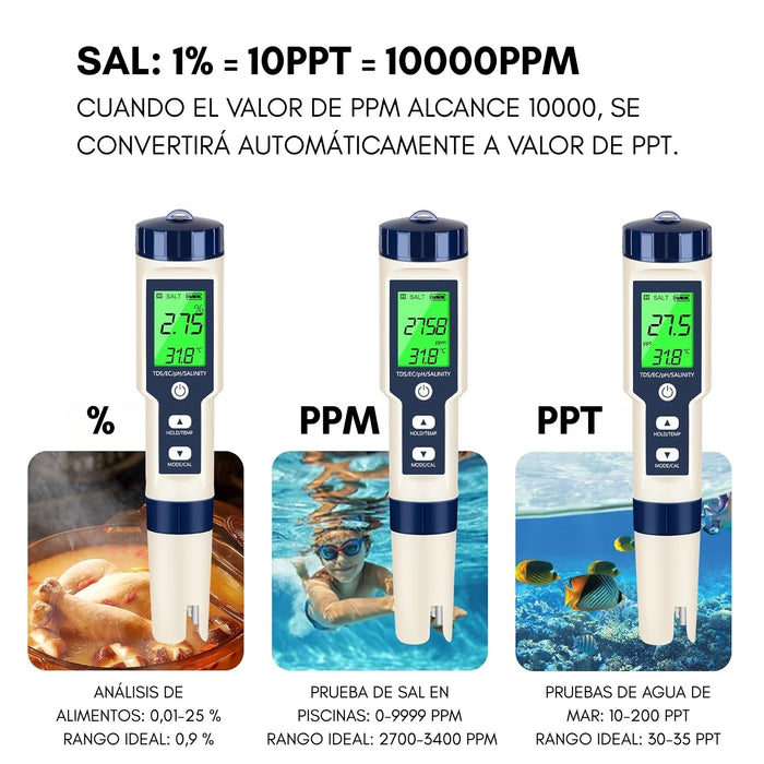 Medidor Digital Agua 5 En 1 Ph /ec/tds/salinidad/temperatura