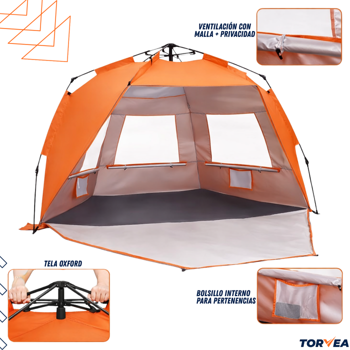 Carpa De Playa Automática Corta Viento Filtro Uv 50+ Camping Naranja
