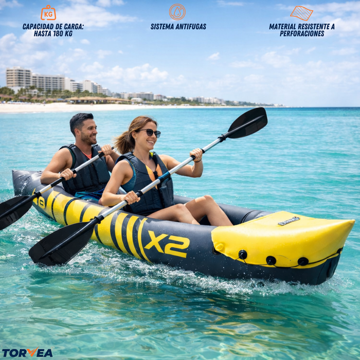 Kayak Inflable 2 Personas 180kg Remos Inflador Accesorios Amarillo