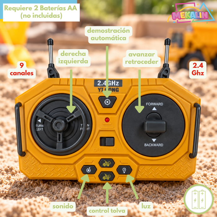 Camión Tolva 1:24 Juguete A Control Remoto RC 9 Canales 2.4GHz Volquete Con Tolva Elevable Luz Frontal Sonido Y Control Multidireccional Juguete De Construcción Para Niños
