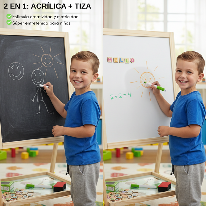 Pizarra Doble Uso Infantil Atril Madera Acrílica Y Tiza Beige