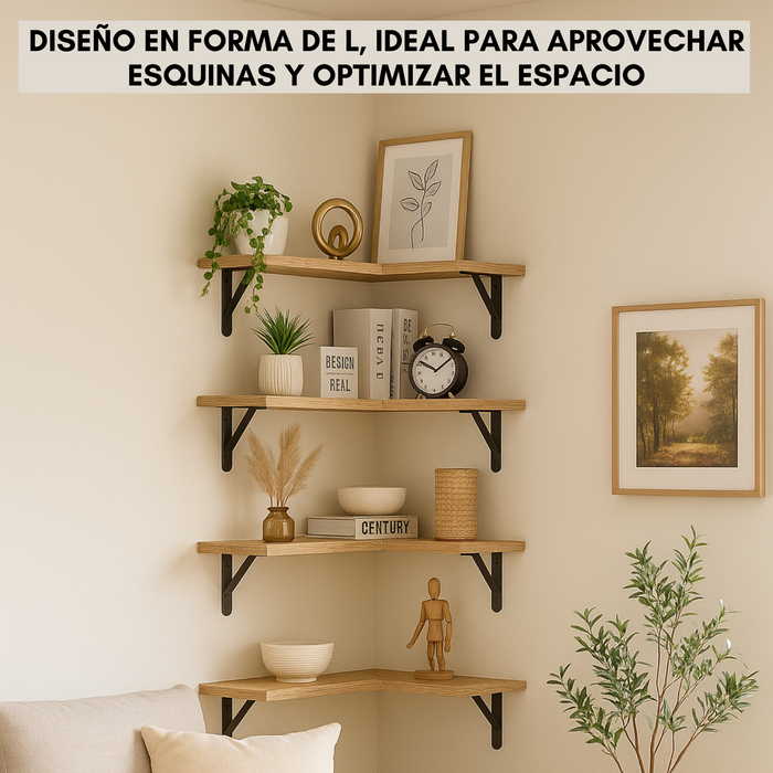 Repisas Esquineras Flotantes Madera Clara Set de 4 con Soportes Metálicos