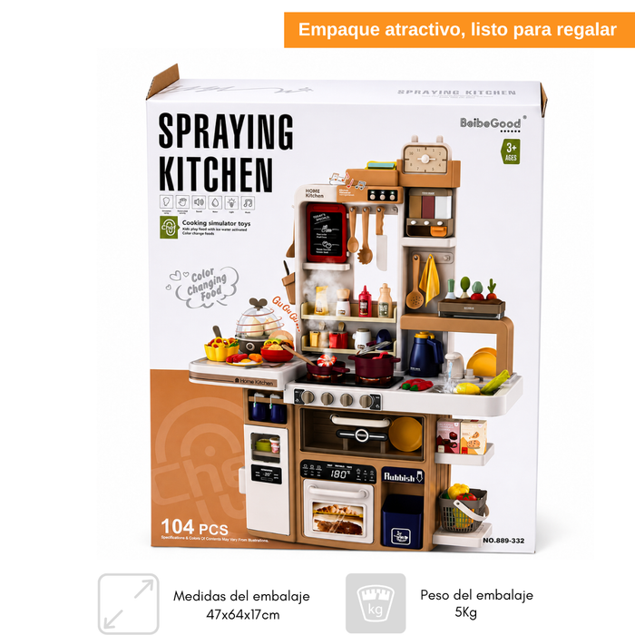 Cocina De Juguete Grande 93cm 104pcs Vapor Agua Grifo Luces