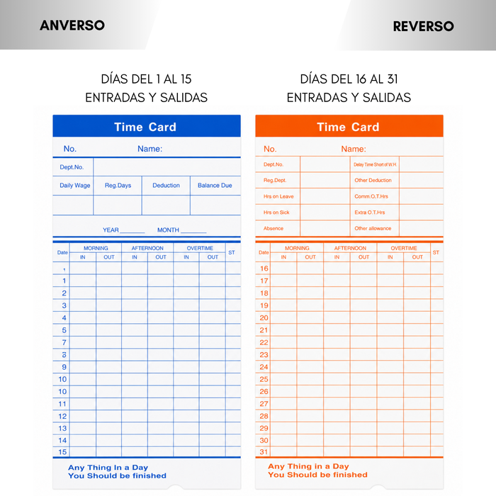 Tarjetas Fichas Para Reloj Control Asistencia 300 Unidades