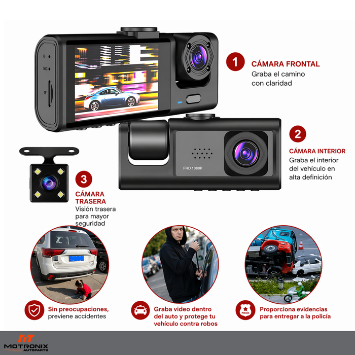 Cámaras Para Autos 3 Lentes Full Hd 1080p Con Reversa Dash Cam