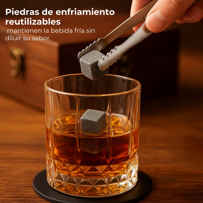 Set De Vasos Shot Whisky Tequileros Con Hielos Reutilizables Set Granito Chill Vasos Caja Madera 7pcs Telotenemos