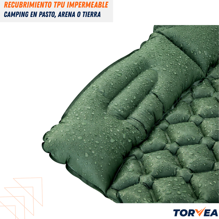 Colchoneta Inflable Doble Camping Plegable Con Almohada Verde