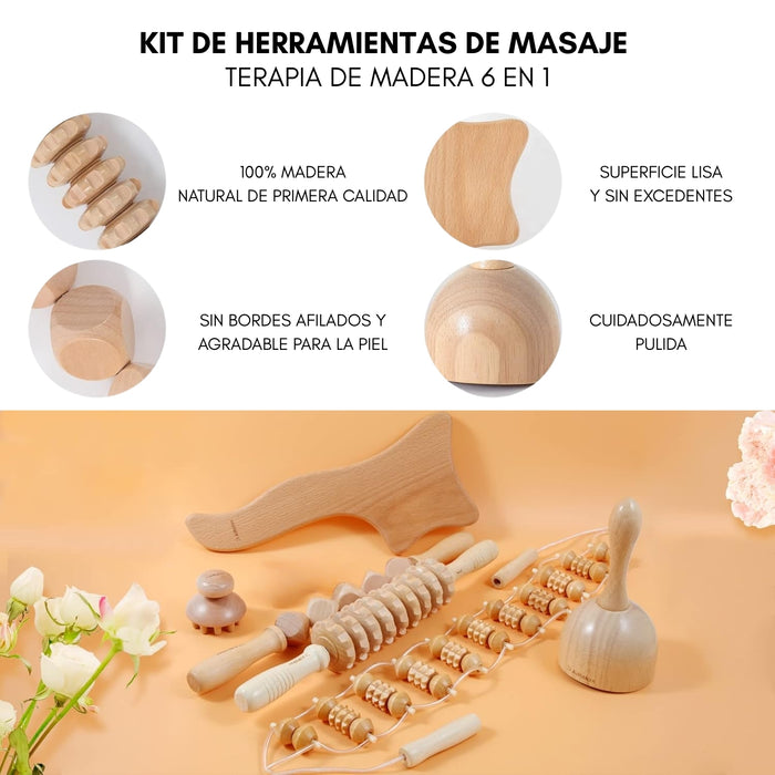 Set Maderoterapia 6 Piezas Rodillo Para Masaje Gua Sha