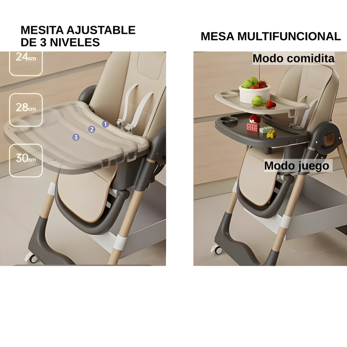 Silla De Comer Plegable Para Bebé Con Mesa Ajustable Ruedas Silla Comedor Beige