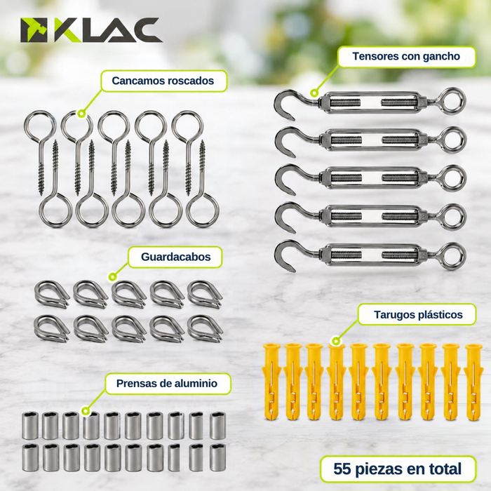 Kit Cable Acero Revestido Tensor 30m Y Accesorios Fijación