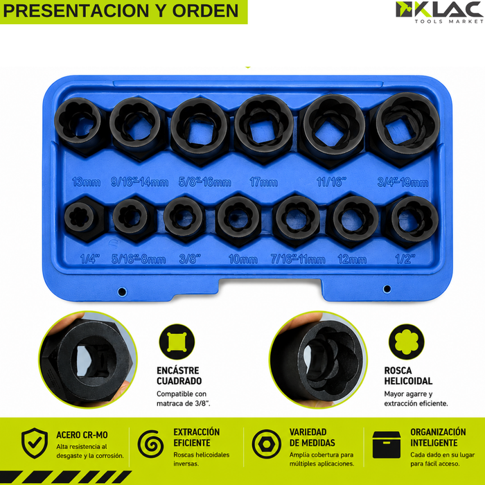 Set Dados Extractores Pernos Y Tornillos 13 Tuercas Rodadas
