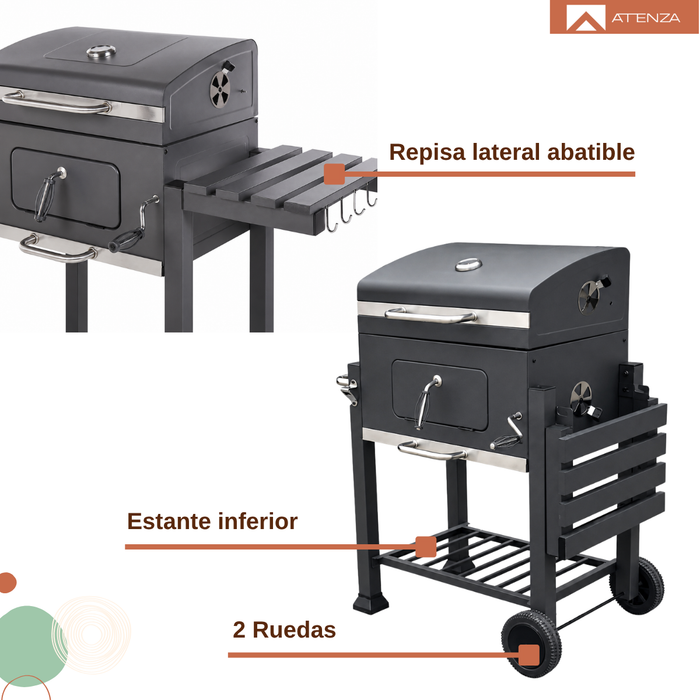 Parrilla A Carbón Móvil Tapa Acero Inoxidable Ruedas Mesa