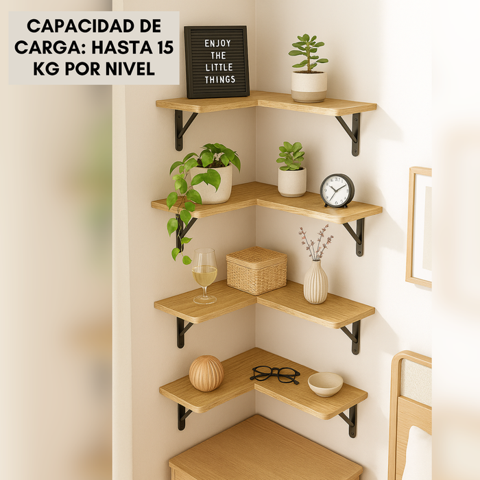 Repisas Esquineras Flotantes Madera Clara Set de 4 con Soportes Metálicos