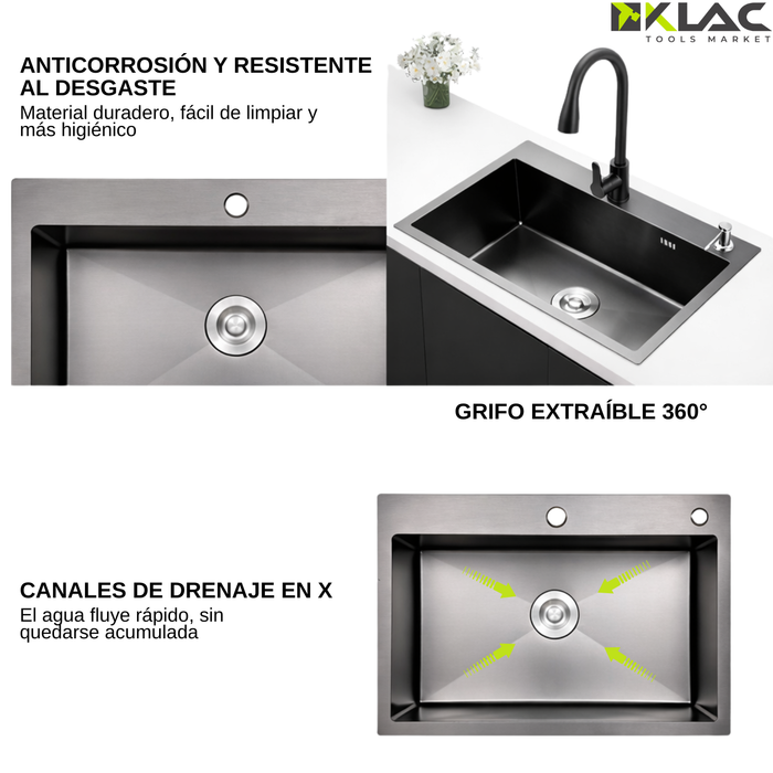 Lavaplatos Negro Empotrable Llave Flexible Y Kit Desagüe Negro
