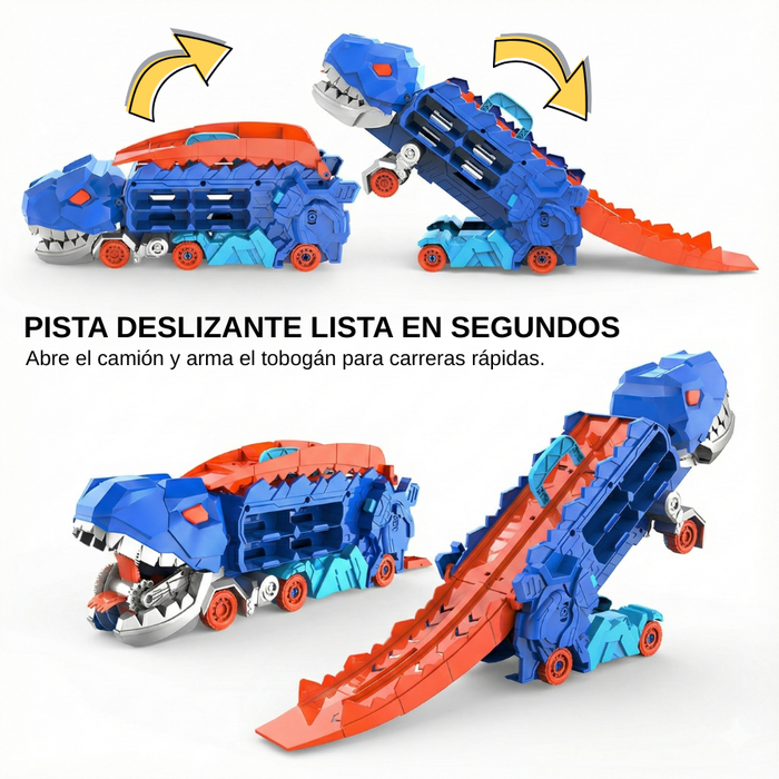 Camión Dinosaurio T Rex Con Pista Deslizante Y Autos T Rex Con Pista Deslizante Y Autos Tiranosaurio Rex Azul