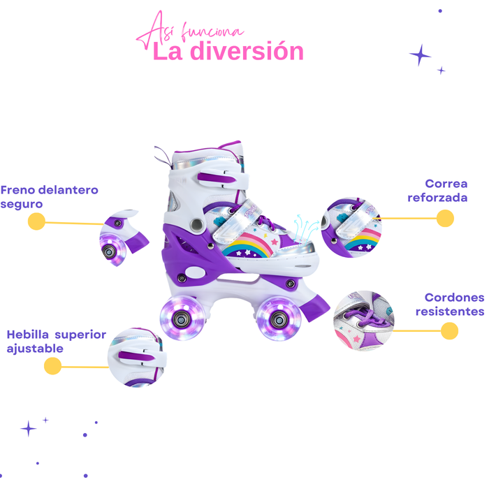 Patines Rollers 4 Ruedas Ajustables Con Luces Led Niñas Morado 50.5 Mm M (34 - 37)