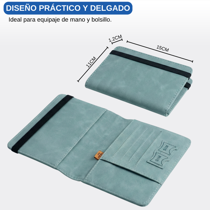 Funda Porta Pasaporte Con Tarjetero Y Sim Organizador Viaje Verde Aguamarina Liso