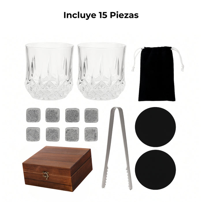 Set De Vasos Shot Whisky Tequileros Con Hielos Reutilizables Set Granito Chill Vasos Caja Madera 7pcs Telotenemos
