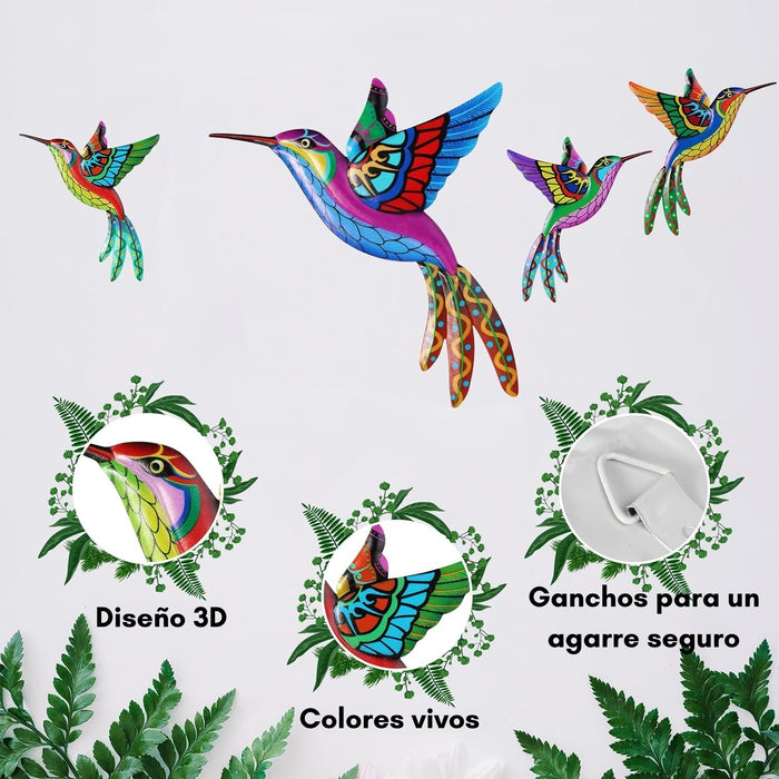 4 Piezas Colibrí Metálico Decoración Pared Escultura Jardín