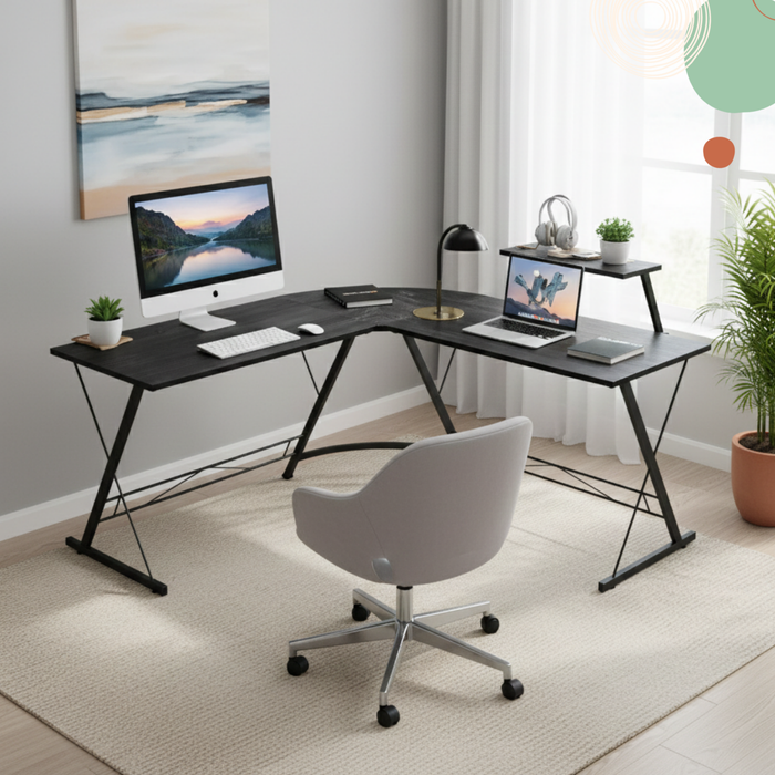 Escritorio Esquinero Gamer En L Con Estante Para Monitor Negro