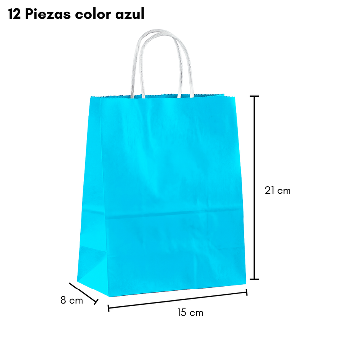 12 Bolsas De Papel Kraft Con Asa 15x21x16cm Colores Liso