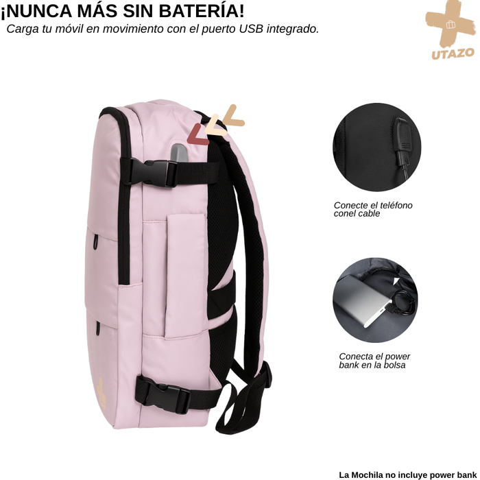 Mochila De Viaje Avión Con Usb Impermeable Laptop 15,6 35l Rosa Liso