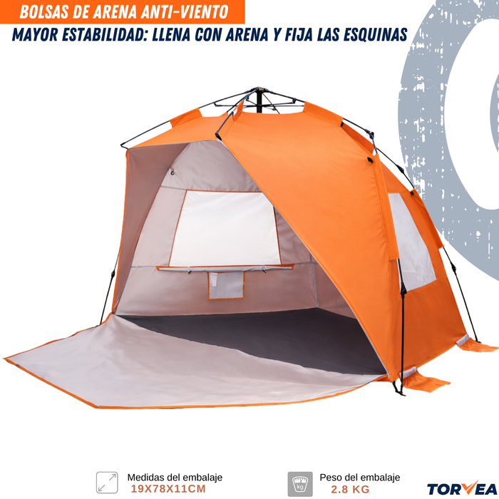 Carpa De Playa Automática Corta Viento Filtro Uv 50+ Camping Naranja