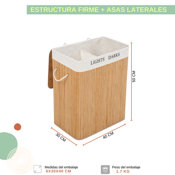 Canasto Organizador Cesto De Ropa Sucia Bambú Doble Con Tapa Bambú