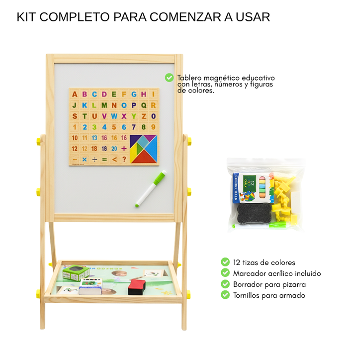 Pizarra Doble Uso Infantil Atril Madera Acrílica Y Tiza Beige