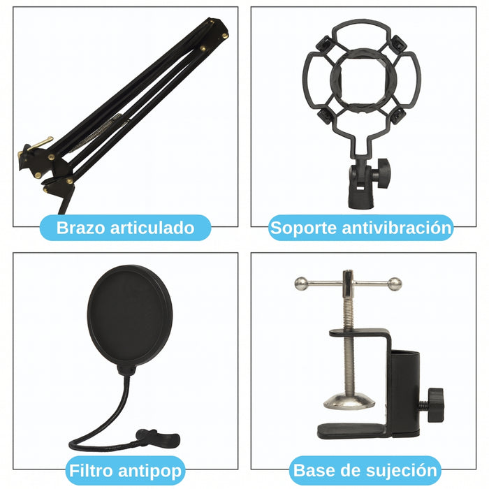 Kit Profesional Brazo Microfono Antipop Soporte Araña Studio