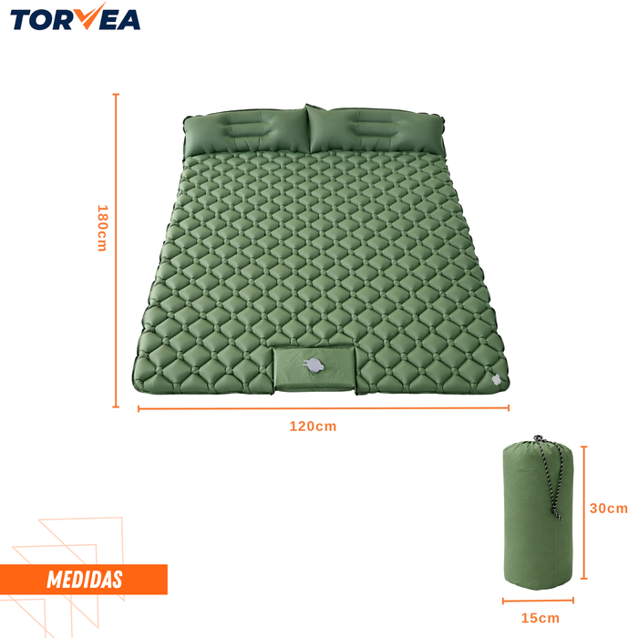 Colchoneta Inflable Doble Camping Plegable Con Almohada Verde