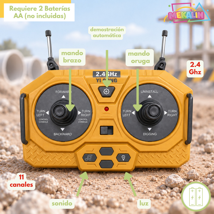 Excavadora A Control Remoto RC 11 Canales 2.4GHz Con Luz Sonido Giro 680° Y Función De Excavación Juguete Para Niños 6+