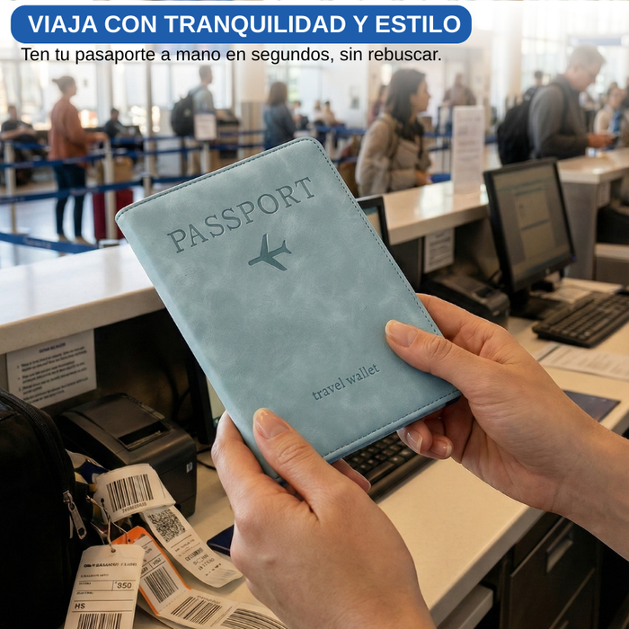 Funda Porta Pasaporte Con Tarjetero Y Sim Organizador Viaje Verde Aguamarina Liso