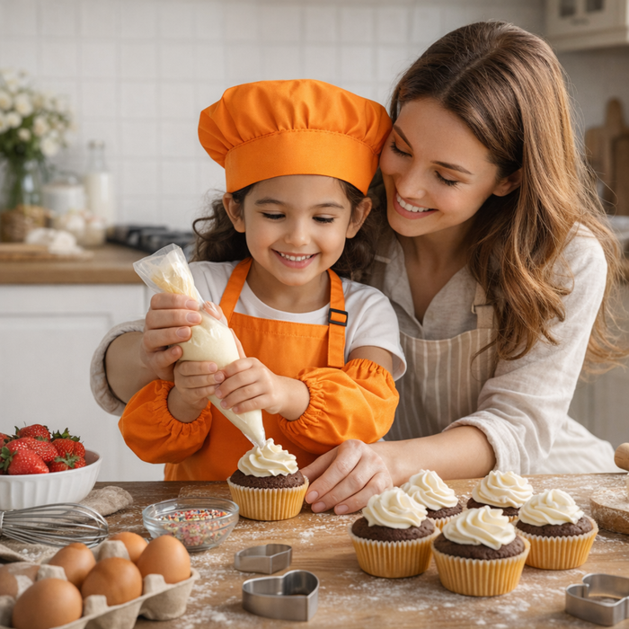 Set Delantales Cocina Infantil Gorro Mangas Protectores Chef Naranja Talla Unica