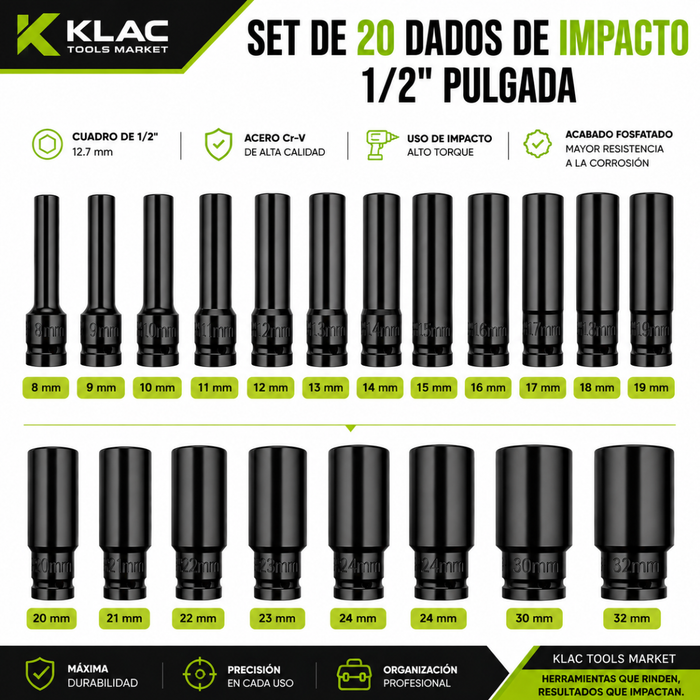 Set 20 PZS Juego De Dados Allen Llaves  de Vasos 1/2 Herramientas Mecánicas Klac Tools Market