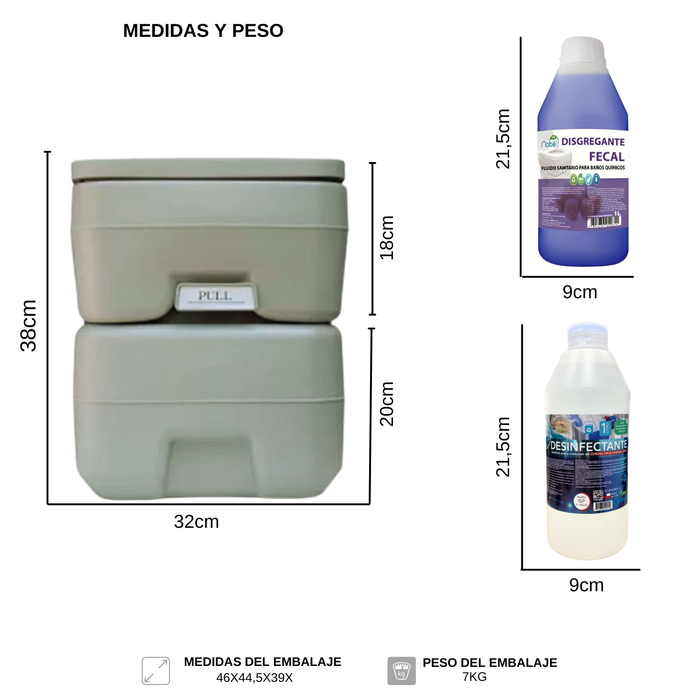Pack Baño Químico Portátil 20lt Ducha Camping 40lt Líquido Gris