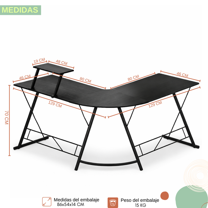 Escritorio Esquinero Gamer En L Con Estante Para Monitor Negro