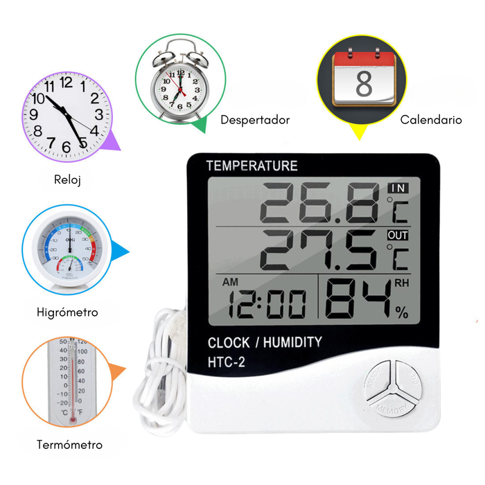 Termómetro Higrómetro Digital Htc-2 Sonda. Reloj+alarma