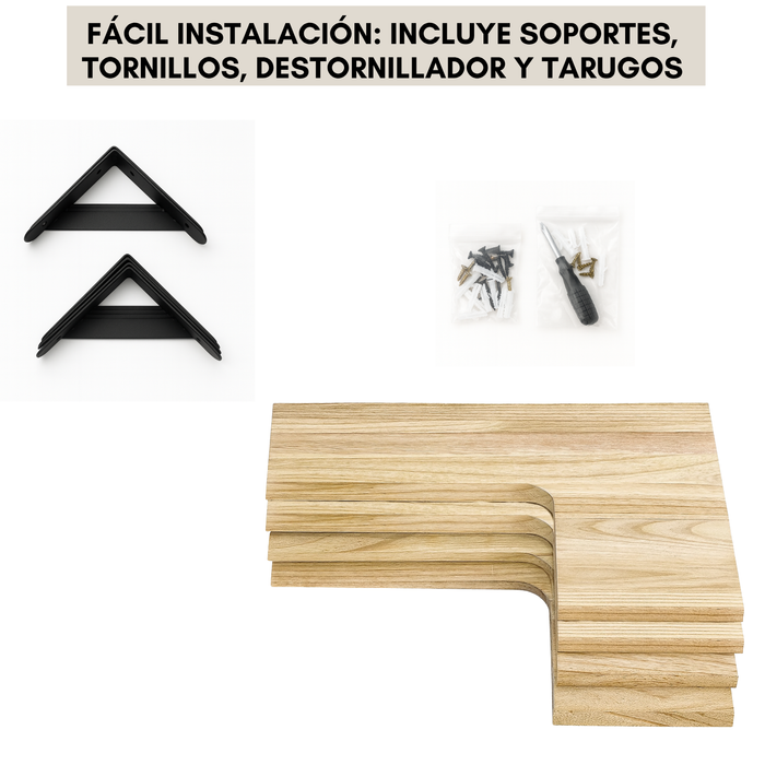 Repisas Esquineras Flotantes Madera Clara Set de 4 con Soportes Metálicos