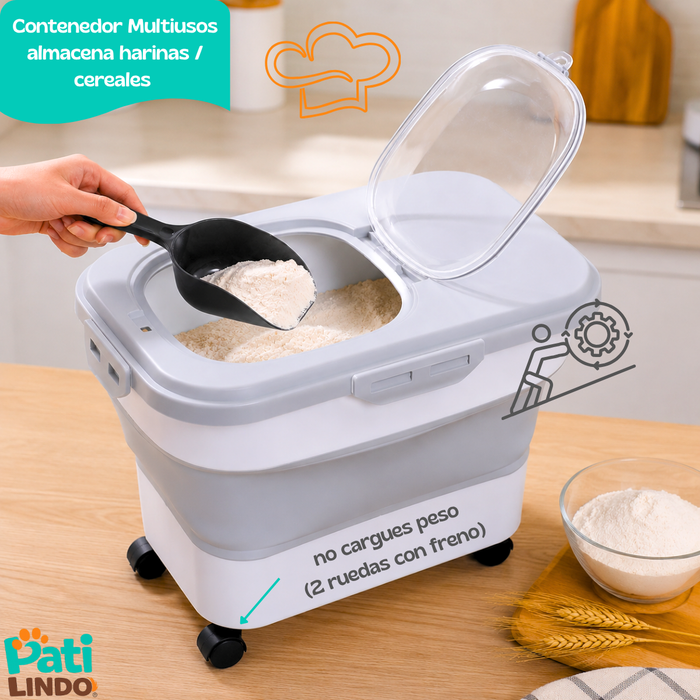Contenedor Comida Mascotas Hermético Con Ruedas 20 L Pala y Vaso Medidor Para Alimento