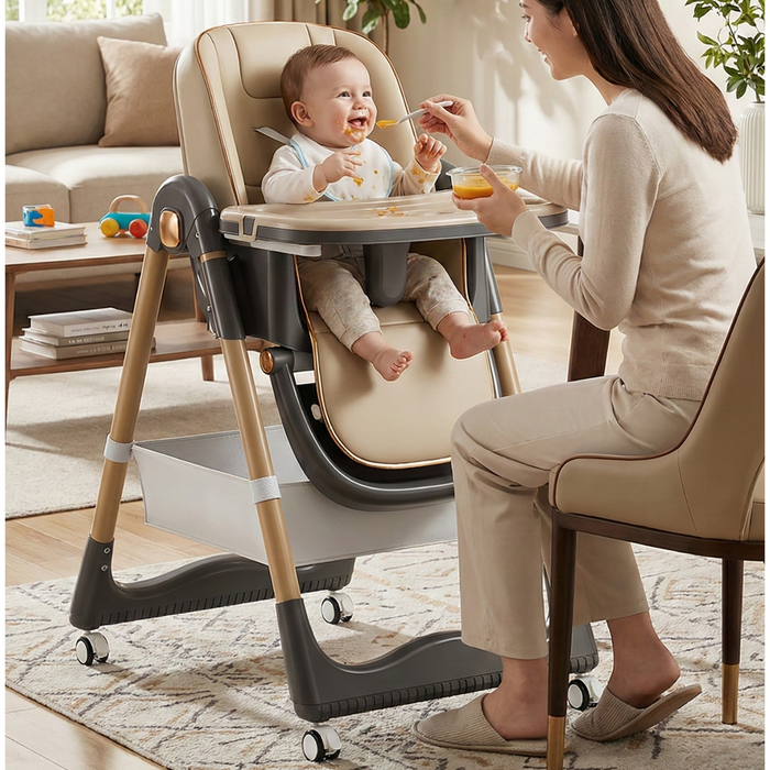 Silla De Comer Plegable Para Bebé Con Mesa Ajustable Ruedas Silla Comedor Beige