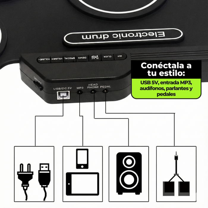 Tambor Electrónico 7 Pads Con Pedales Drum Pad Portátil Negro