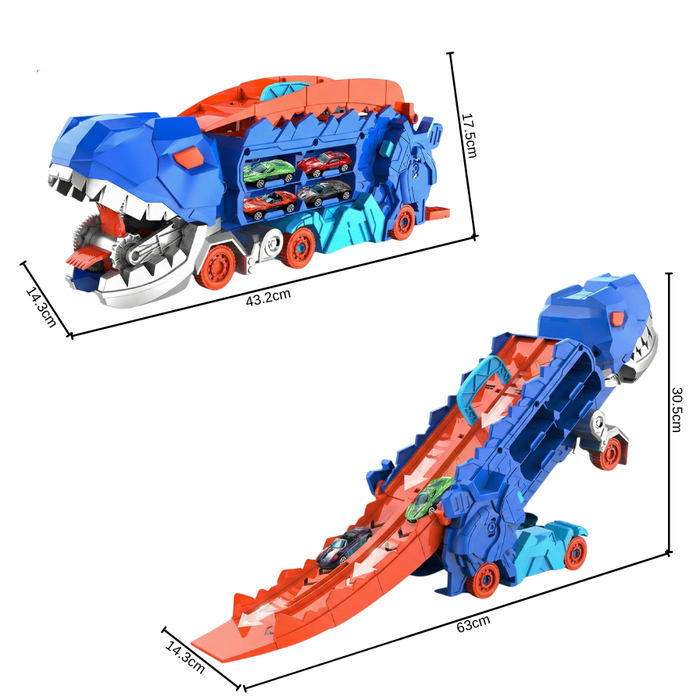 Camión Dinosaurio T Rex Con Pista Deslizante Y Autos T Rex Con Pista Deslizante Y Autos Tiranosaurio Rex Azul