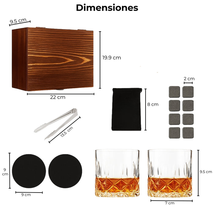Set De Vasos Shot Whisky Tequileros Con Hielos Reutilizables Set Granito Chill Vasos Caja Madera 7pcs Telotenemos