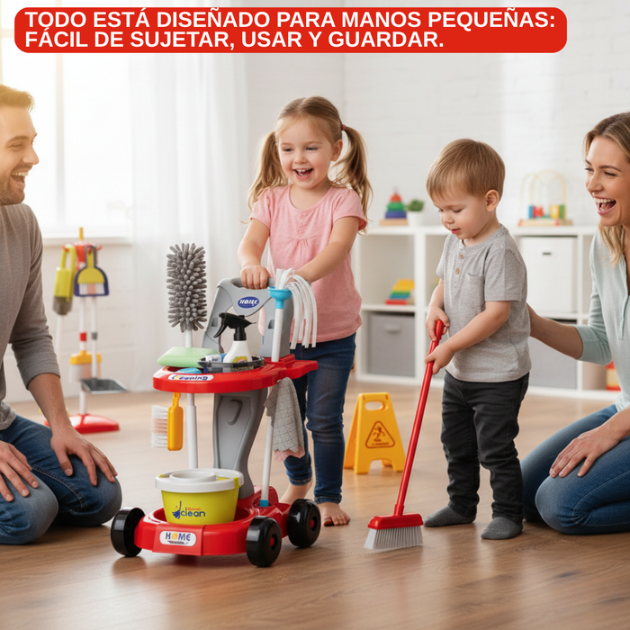 Juguete Educativo Carrito Limpieza Niños + Accesorios - Rojo