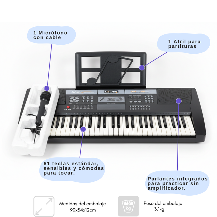 Teclado 61 Teclas Negro Pantalla Led Y Grabador 100 Timbres