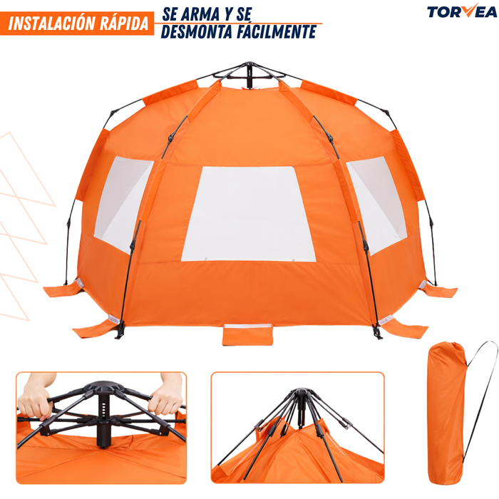 Carpa De Playa Automática Corta Viento Filtro Uv 50+ Camping Naranja