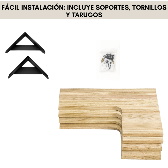 Repisas Esquineras Flotantes Madera Clara Set de 4 con Soportes Metálicos