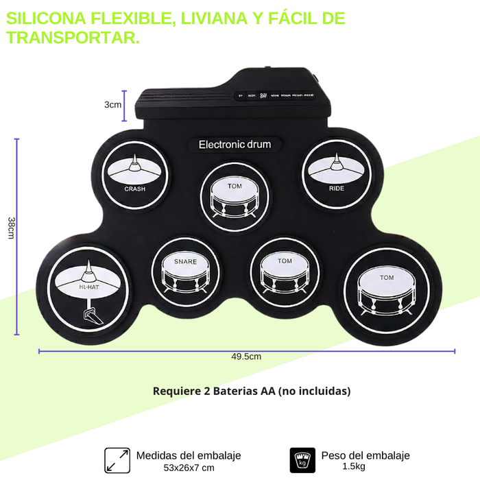 Tambor Electrónico 7 Pads Con Pedales Drum Pad Portátil Negro